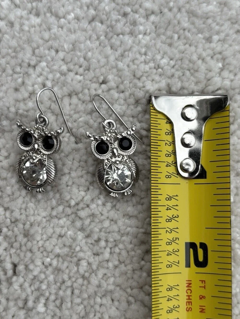 Silver Tone Owl Drop Earrings with Black And White Rhinestones Drop Dangle
